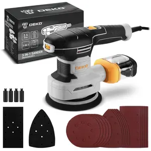 DEKO 300W 3-in-1 Orbital Sander, 6 Adjustable Speeds (7000-13000 RPM), with Dust Collection Box, 3 Hook and Loop Pads, and 15 Sandpapers, Quick Sandpaper Replacement, Electric Sanding Tool for Woodworking, Home Improvement, and DIY Projects. Power Tools E