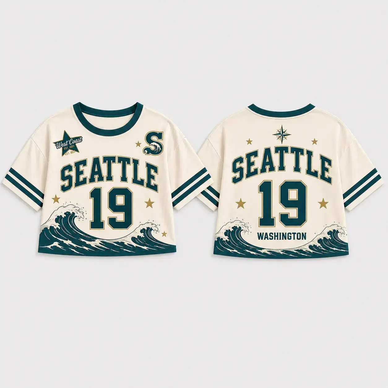 Seattle Ocean Wave Teal Graphic Cream Crop Top, Sporty Number 19 Short Sleeve T-Shirt, West Coast Y2K Aesthetic Streetwear Women
