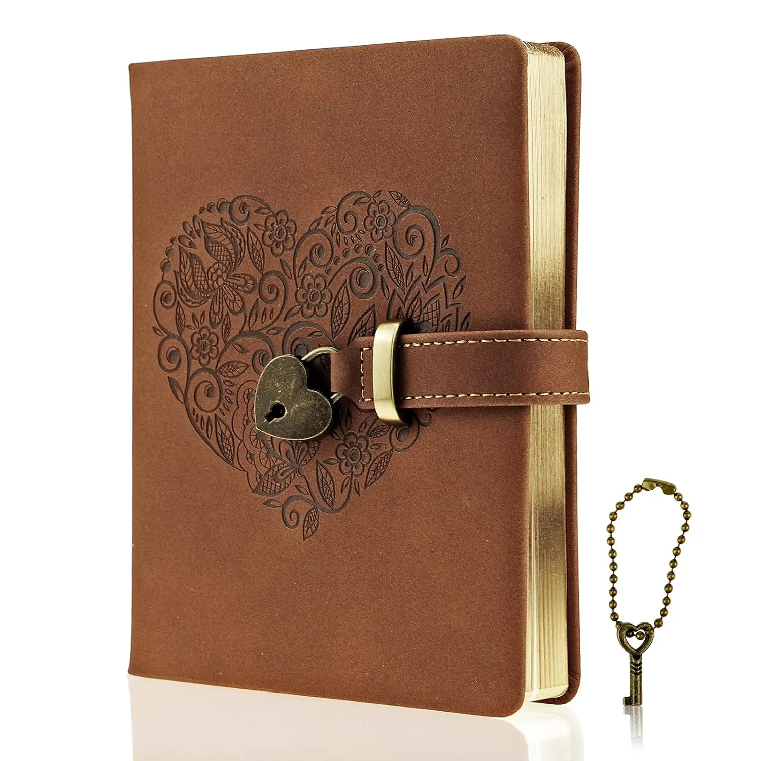 Mazeran Lock Journal, Heart Shaped Locking Leather Floral Embossing Hard Cover  Gild Edge Notebook Travel Diary, B6 Lined Lock with Key Personal Planner Organizer  for Girls Women Wife