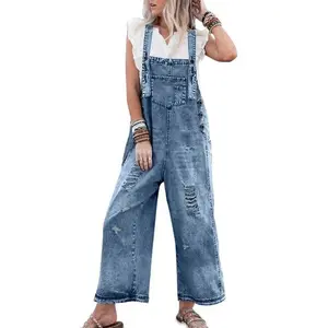 Women's Ripped Raw Hem Pocket Denim Overalls, Casual Comfy Wide Leg Overalls for Daily Wear, Denim Jumpsuit, Dungarees, Ladies Clothes for All Seasons, Jumpsuit for Women, Womenswear, Jumpsuitwomen, Sailors Dungarees