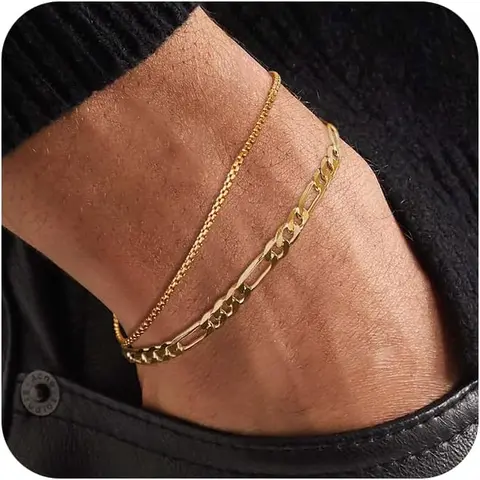 Tewiky 2pcs Men's Bracelets Set with Box & Cuban Link Available in Various Lengths (6.5/7/7.5/8/8.5/9 Inch) Bracelet for Men Cuban Link Chain for Mens Jewelry Gift