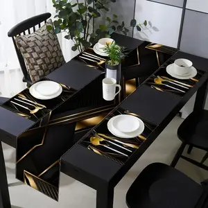 5/7-piece set, black and gold design, table flag and placemat set, living room tablecloth, washable placemat table flag, used for home dining, kitchen, outdoor parties, catering table flag, placemat insulation pad, Washable table cover