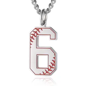 Baseball Initial Pendant Necklace Inspiration Baseball Jersey Number 0-9 Charms Stainless Steel Necklace