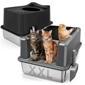 WoofiGo Stainless Steel Litter Box Combo — XXL Open-Top High-Sided (27.8" L x 20" W x 14" H) + XL Enclosed High-Wall with Lid (Metal Pan, Odor‑Resistant, Anti‑Urine Leakage, Easy Clean, Includes Scoop, V‑Black) — Extra Large for Big Cats & Multiple Cats