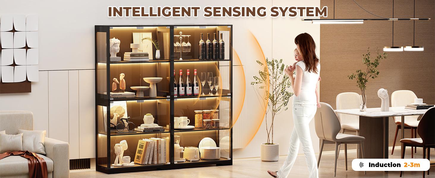 MIIFUNY Display Cabinet with Glass Doors, Storage Cabinet with 3 Color Light, 4-Tier Curio Cabinet&Bookcase for Collectibles, Toys, Books, for Playroom, Bedroom, Study Room, Black