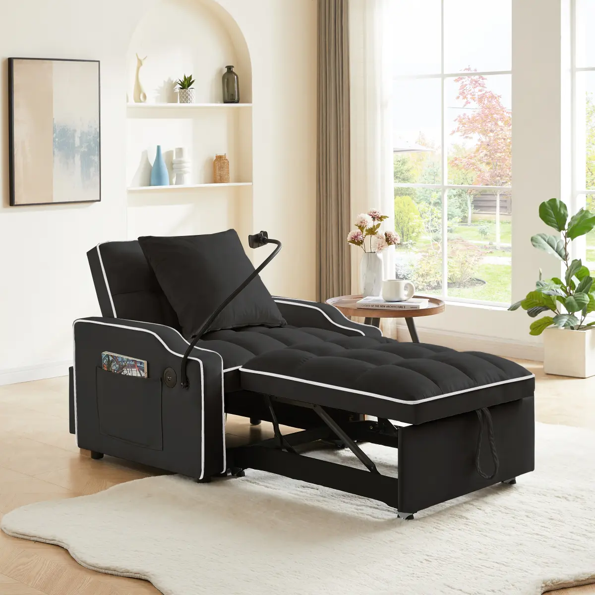 Modern 3-in-1 Convertible Sofa Couch - Velvet Space Saving Furniture, Adjustable Backrest Recliner Sleeper Loveseat Chair Bed with Phone Holder, USB & Type-C Ports, Compact Armchair for Living Room Watch Party, Black, Loveseat Sleeper, Velvet Fabric