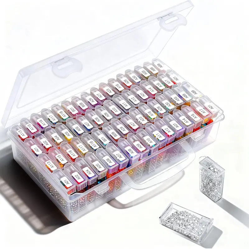 64 Grid Diamond Painting Storage Containers Diamond Art Accessories Tool Box Craft Storage with Adjustable Dividers for Beads, Art DIY, Crafts, Jewelry, Plastic Organizer with Label Stickers