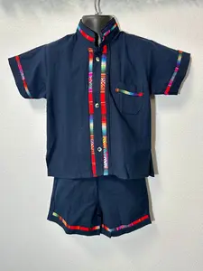 El Rey Set Mens Navy Blue Fitted Short Sleeve Shirt & Shorts Set for Summer Casual Wear with Colorful Print