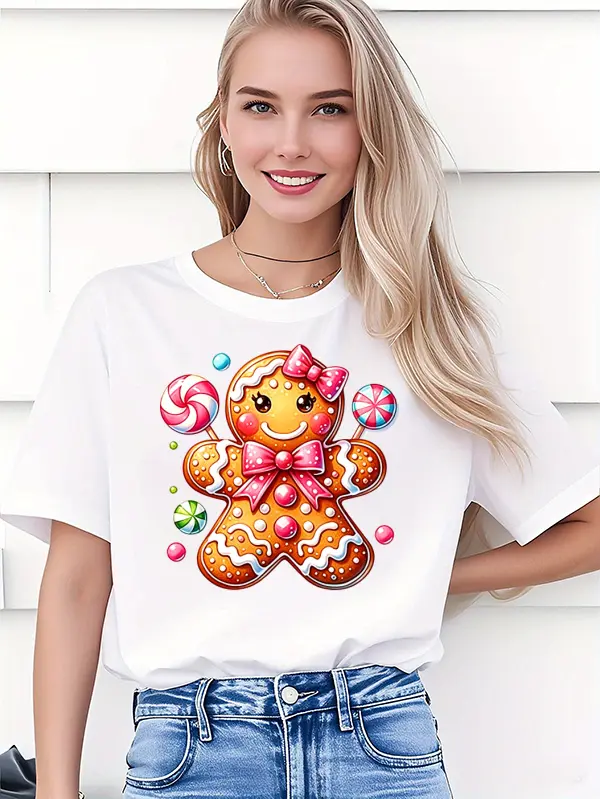 Women's Kawaii Christmas Gingerbread Cookie Graphic Tee, Adorable Pink Double Bow Gingerbread Man with Colorful Candy Print Ladies Casual White Top