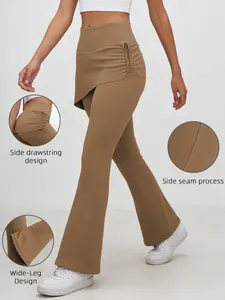 Women's Flared Yoga Pants with Skirt Layer & Side Drawstring, High Waist Stretch Dancewear for Comfort & Style, Stretchy High Waist
