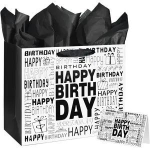 13" Large Black and White Happy Birthday Gift Bag with Tissue Paper and Card for Men Women Birthday