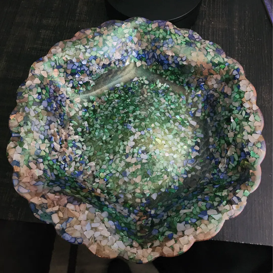 Handmade Resin Decorative Blue, Green, And White Crushed Shells Bowl