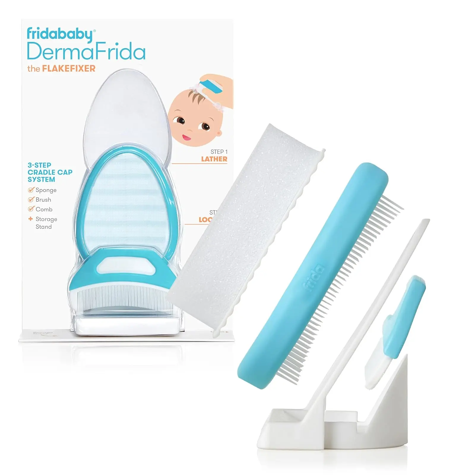 The 3-Step Cradle Cap System, DermaFrida The FlakeFixer, Sponge, Brush, Comb and Storage Stand for Babies with Cradle Cap, White-Blue, 3-Step Kit, All-In-One