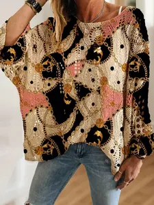 Women's Boho Geometric Colorblock Long Sleeve Knit Top, Casual Elegant Vacation Style Spring Sweater, Valentine's Day Knitwear, Batwing Shoulder Design