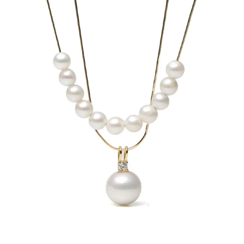 Elegant Floating Pearl Necklace and Pendant Layered Set—featuring multiple flawless, round white freshwater pearls, Perfect Birthday Gift