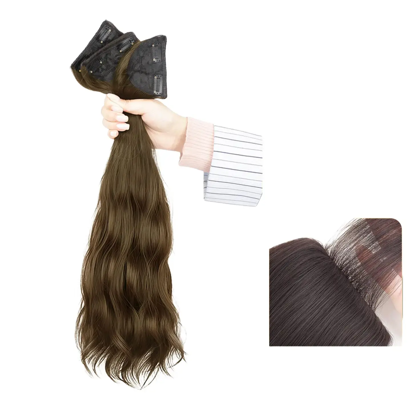 3-Piece Clip-In Wefts Water Wave Synthetic Hair Extensions - Segmented Set, No-Net Invisible Seamless Hairpiece, Soft Curls Wave Texture Hair Volume Enhancer for Daily Wear