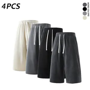 4pack Men’s Retro Corduroy Casual 3/4 Shorts – Lightweight Summer Drawstring Straight-Leg Mid-Length 3/4 Pants, Versatile for Home and Outdoor Wear, Available in Multiple Colors