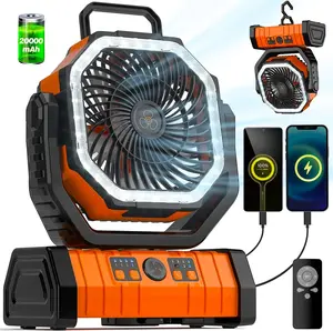 2026 Upgraded 20000mAh Rechargeable Outdoor Fan, Touch Panel Remote Control with LED Lights - Portable Camping Fan, 360° Swivel Hook, 5-speed Airflow, Auto Oscillation, Remote Control, Timer and USB, Battery Operated for Tents, Desks, Travel and Home Use