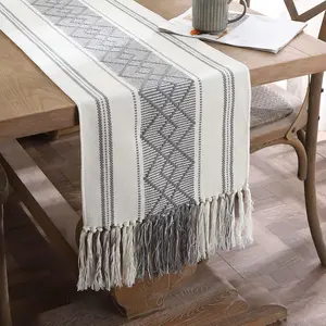 Woven Table Runner Farmhouse Style, Boho Table Runner 72 inches Long with Tassels, Elegant Washable Table Decor for Dining Room, Wedding, Holiday, Party (14.5x72inch, Grey)