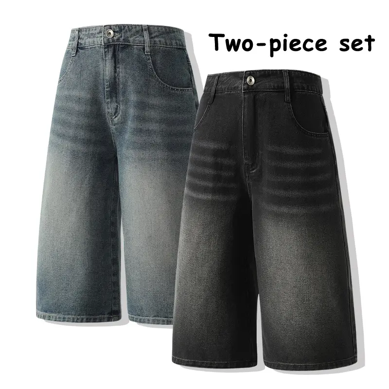 2-piece set: wide-leg denim shorts, high-waisted baggy jean shorts, loose-fit vintage washed denim culottes