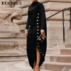 UOOZEE Women's Minimalist Elegant High Neck Long-Sleeve Loose Asymmetric Buttoned Split-Joint Split-Side Maxi Dress - Comfortable Stylish Women's Wear, Birthday Outfit for Special Occasions, Core Womens Dresses