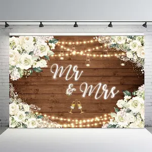 White Floral Mr & Mrs Wedding Backdrop Wooden Style Photo Background Engagement Party Decorations Bride and Groom Bridal Shower Anniversary Reception Photo Booth Banner