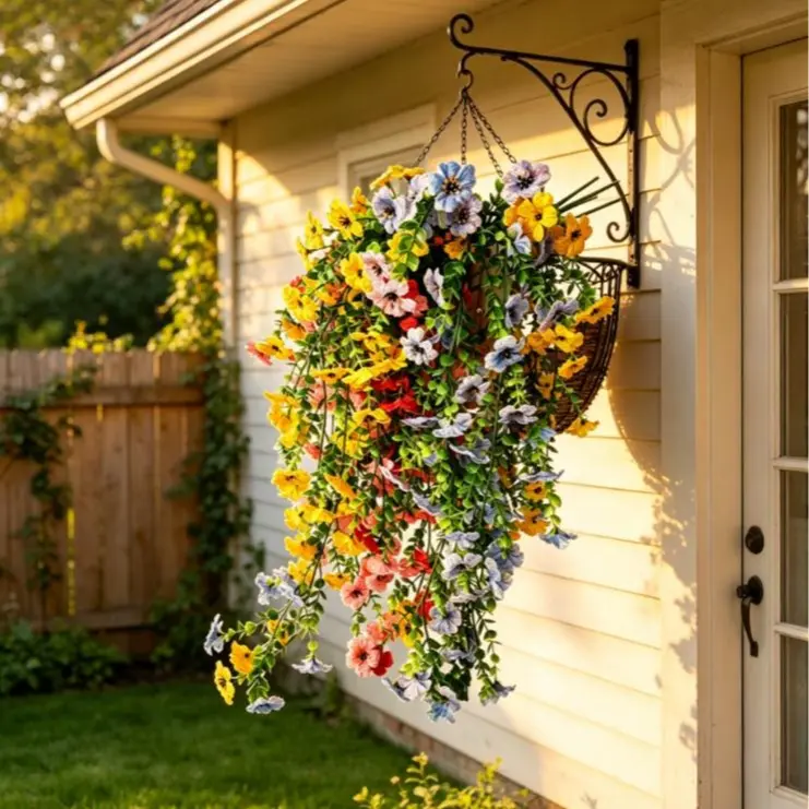 4-Bunch UV-Resistant Silk-Like Artificial Hanging Flowers, Decorative Faux Plants for Outdoor Floral Decor (Mixed Colors)