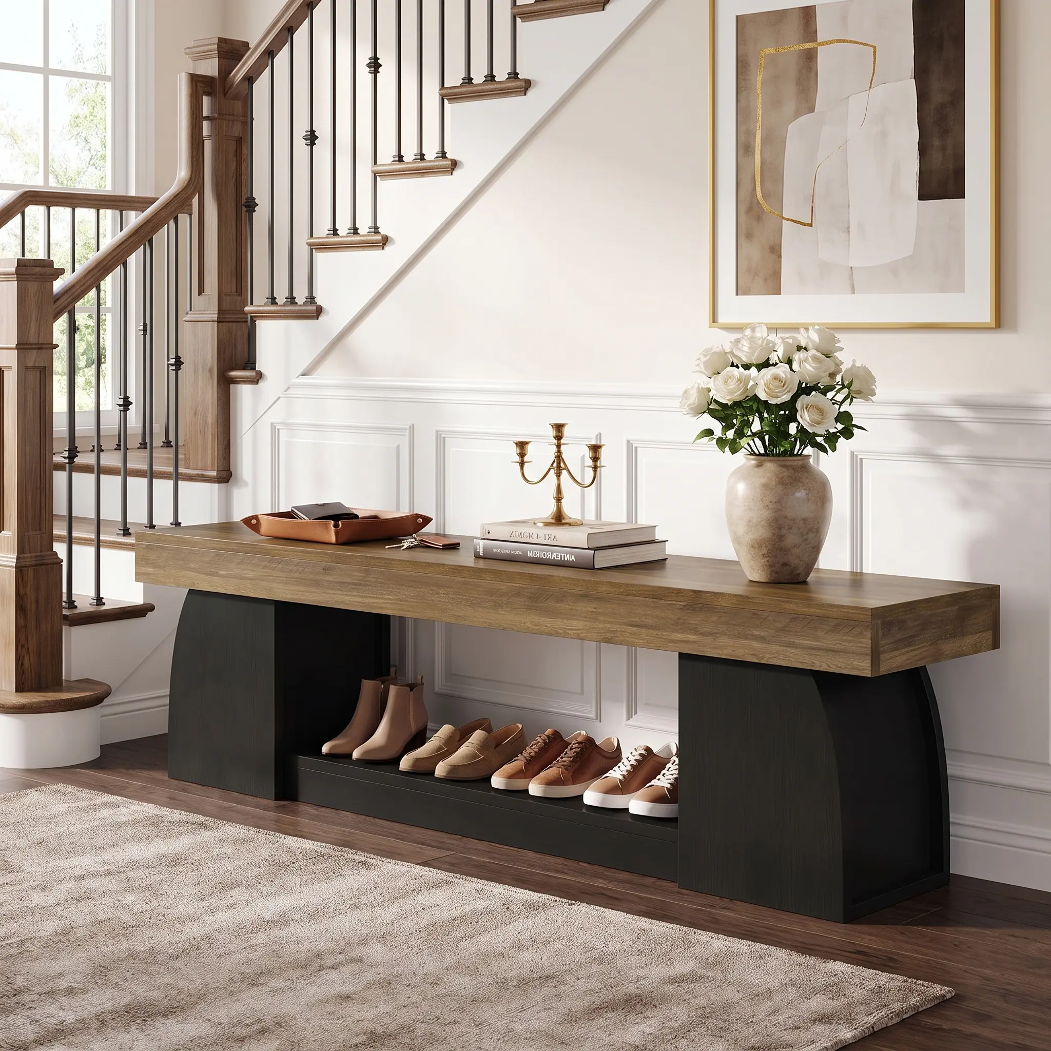 Spaco 63 in Farmhouse Entryway Bench - 2-Tier Extra Long Bench with Sturdy Metal Frame, Wood Seat, Versatile End of Bed Stool for Bedroom, Mudroom