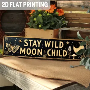 1PC 2D Flat 'Leave Ambition Moon Child' Metal Wall Hanging - Vintage Decoration, Moon Sign Home Decor, Home Decor Products, with Moon, Stars, Butterflies, Cactus, Suitable for Bedroom, Living Room, Farmhouse - 9.98x 39.98cm Vintage Metal Sign