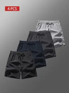 Men's Summer Casual Shorts Set, casual athletic shorts, drawstring waist shorts, 4pcs Plain Fitted Drawstring Pockets, Breathable Ultra-Thin Beach Sports Leisure Pants, Lightweight Workout Shorts