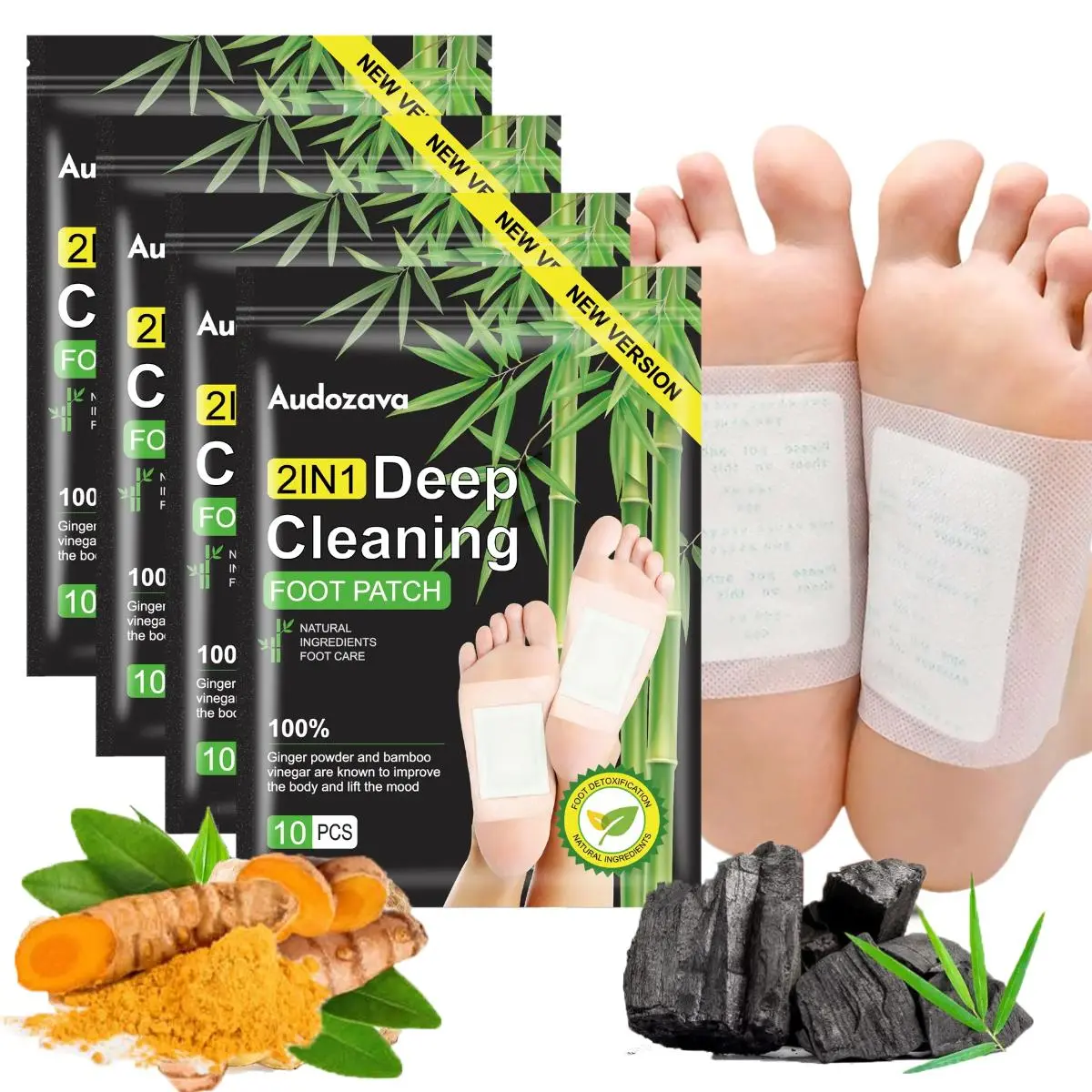 Foot Patches with Adhesive Sheets, Natural Bamboo Charcoal Ginger & Vinegar Foot Care Patches, Overnight Deep Cleaning Foot Pads, Herbal-Inspired Self Care Patches, Resealable Pack