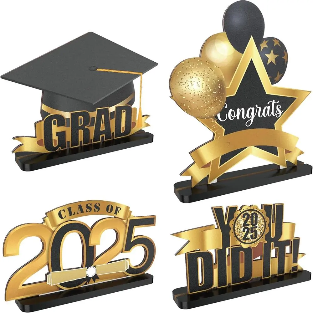 Graduation Themed Wooden Sign, 4 Counts/set Class Of 2025 Letter Pattern Ornament, Graduation Centerpieces for Grad Party Table Decoration, Graduation Party Supplies, Party Accessories, Masks