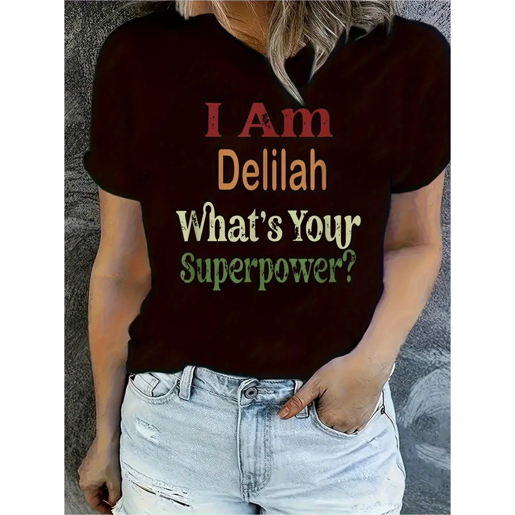 Women's Fitted 100% Cotton Short Sleeve Crew Neck T-Shirt, Funny "I'm Delilah What's Your Superpower" Print, Summer Casual Top, Ideal Gift for Mother's Day, Shortsleeve, Tshirt, Funny Slogan, Pure Cotton, Lady, Round Neck, Thanksgiving