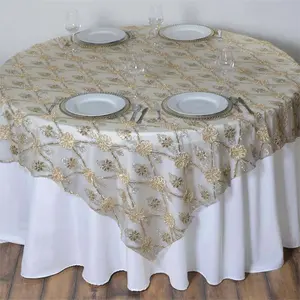 Lace Table Overlay 72"x72" Champagne with Satin Sequin Floral Embroidered Design for Upscale Celebrations