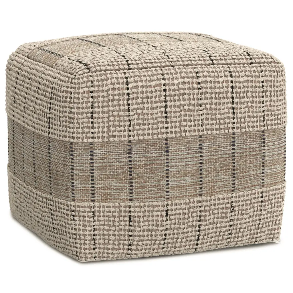Small Square Jute Fabric Pouf Ottoman with 360-Rotating Stand, 14x18x18 in, Multi-Use Single Seat, Durable Upholstery, Textured Finish, Contemporary Home Decor Polystyrene Indoor Furniture Stool, Modern