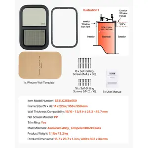 VEVOR Vertical RV Window, 14 Wx 22 H Tinted Sliding RV Window with Net Screen Trim Ring, Fit 15/16 - 1 3/4 Thickness Wall, RV Window Replacement for Teardrop Cargo Trailer Camper, DOT Approved