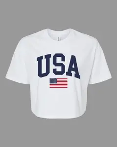 Trenz Shirt Company Women's Short-Sleeve Jersey Crop Top - USA American Flag Patriotic 4th of July Independence Day