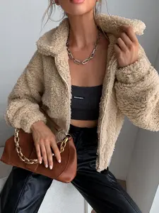 A set of women's casual khaki plush zipper jacket, suitable for autumn and winter, suitable for home, indoor, and outdoor wear Coats