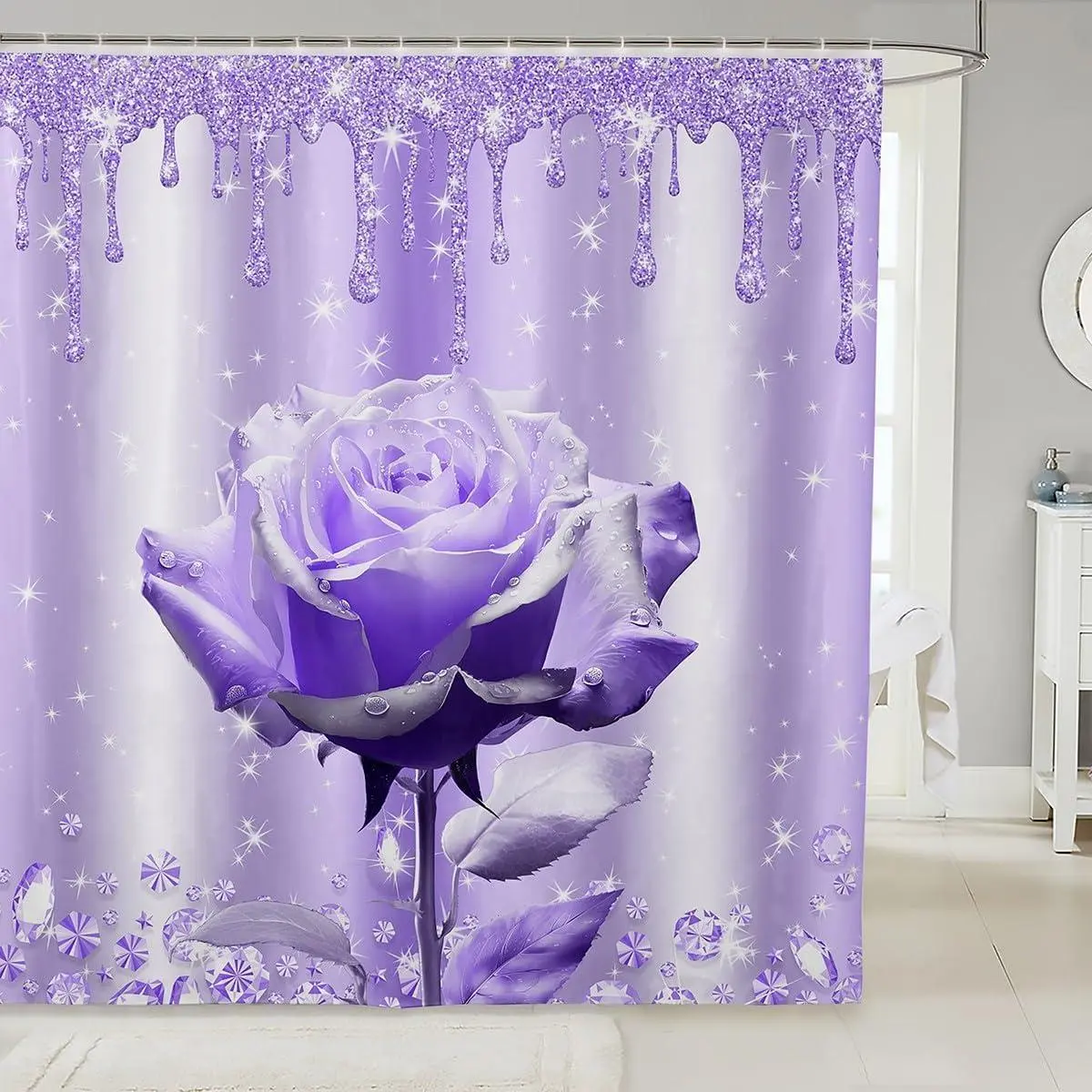 Feelyou 3D Purple Rose Glitter Diamond Shower Curtain - Waterproof, Washable Floral Sparkling Colorful Print Curtain with 12 Hooks, Ideal for Bathtubs and Kid Girl Room Decor, Floral Curtains