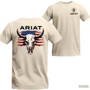 Ariat Shirt, Vintage Bull Skull Ariat Shirt Graphic Tee Shirts For Women's Short Sleeve Collar Top Cotton Menswear