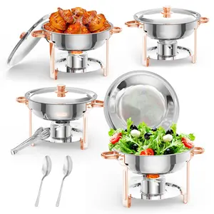 2/4/6 Pack Round Stainless Steel Chafing Dish Buffet Set, 5 Litre Food Warmers with Lid Holder, Serving Spoon & Tweezer, Rose Gold for Catering, Parties, Weddings & Events