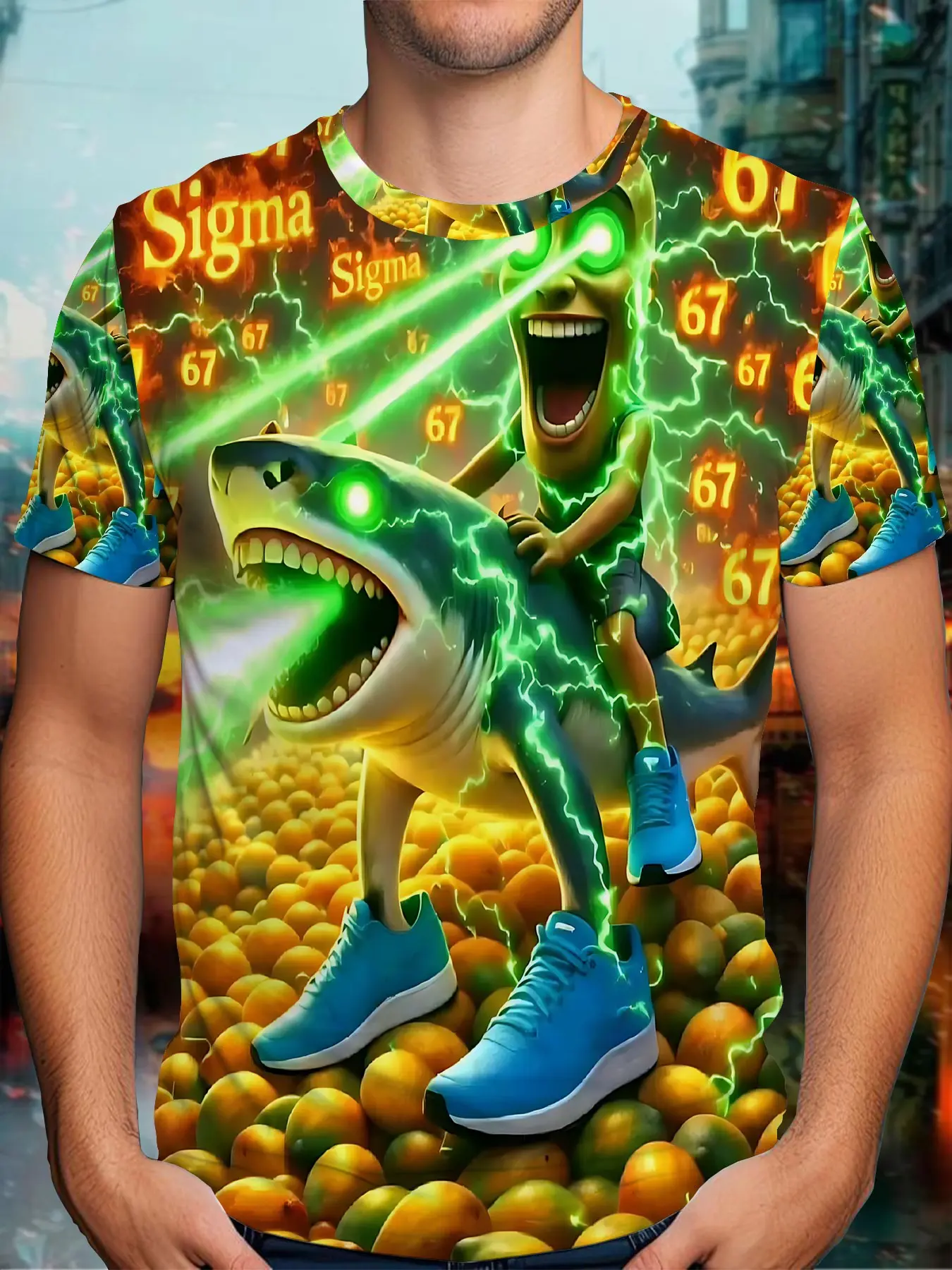 Men's Polyester Short T-Shirt, Funny Bald Guy Riding Shark Graphic, Glowing Laser Eyes, Sigma 67 Print, Summer Casual Streetwear Street Style Top, Casual Summer Clothing