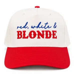 Red, White & Blonde Embroidered Canvas Trucker Hat  Casual Baseball Cap Panel Trucker Hat Simple Hat Cap 4th Of July Independence Day Fashion Hats Embroidery Trendy Hat
