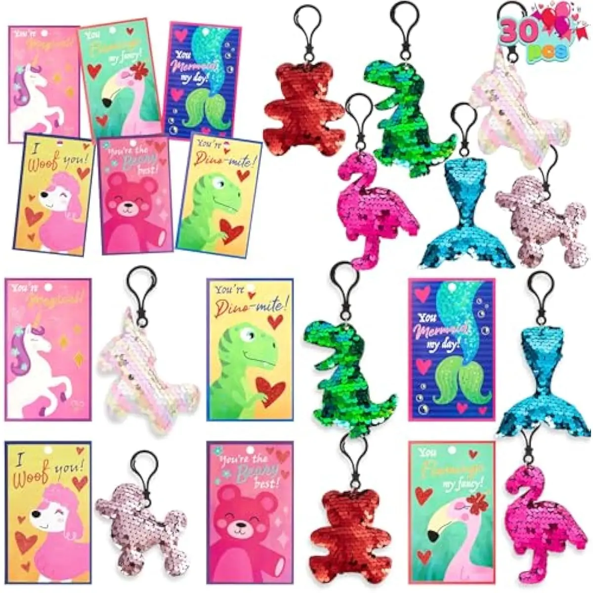 30 Pack Valentines Day Gift Cards with Gift Glitter Flip Sequin Keychain for Valentine's Classroom Exchange Prizes, Kids Party Favors