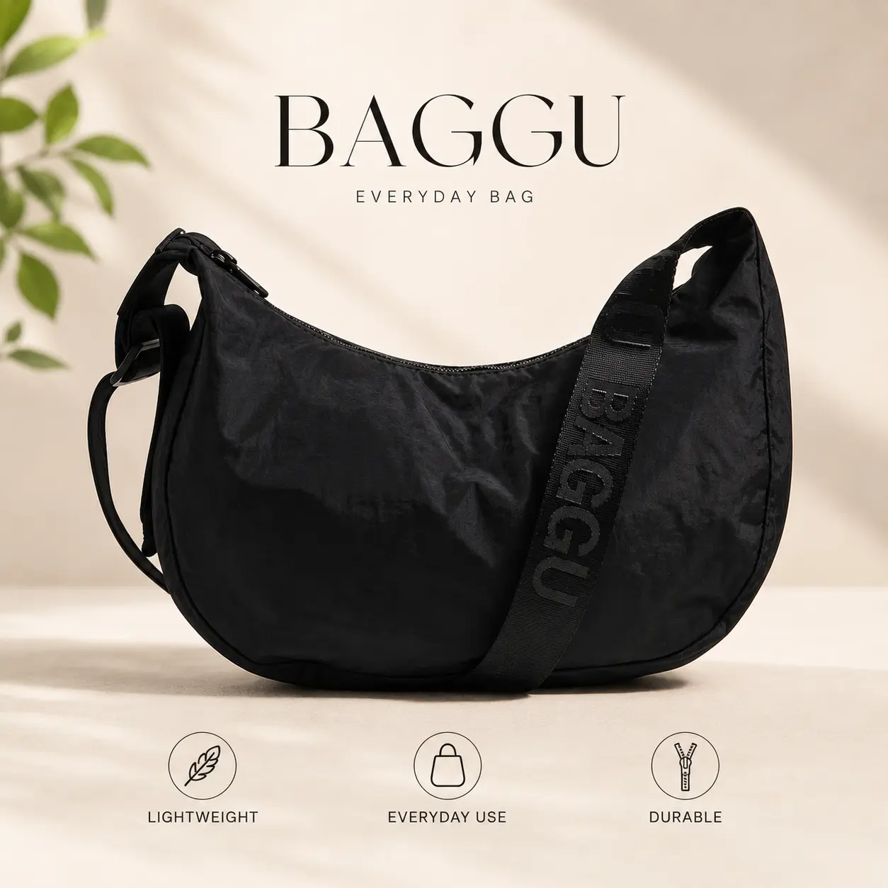 BAGGU Medium Adjustable Nylon Crescent Bag - Black - Fall Collection