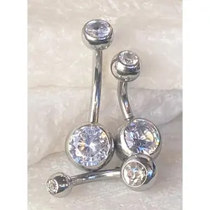 1pc 14G Surgical Steel Double Clear Gems Belly Navel Ring 1/4" 5/16" 3/8" 7/16"