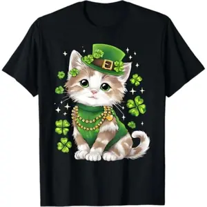 St Patricks Day Cat Wearing Hat with Shamrock T-Shirt Celebrating Saint Pattys Day