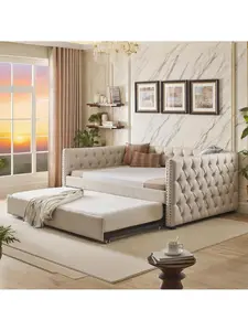 Cream Style Full Size Trundle Sofa Bed Square Button Copper Stud Armrests Double Trundle Design Bedroom and Living Room Dual Use