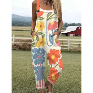 Vintage Large Flower All-Over Print Women's Adjustable Strap Jumpsuit, Polyester Fiber Fabric, Lightweight And Breathable, Women's Clothing, Standard Size Jumpsuit, Plus Size Women's Clothing, Plus Size Jumpsuit And Romper, Plus Size Jumpsuit