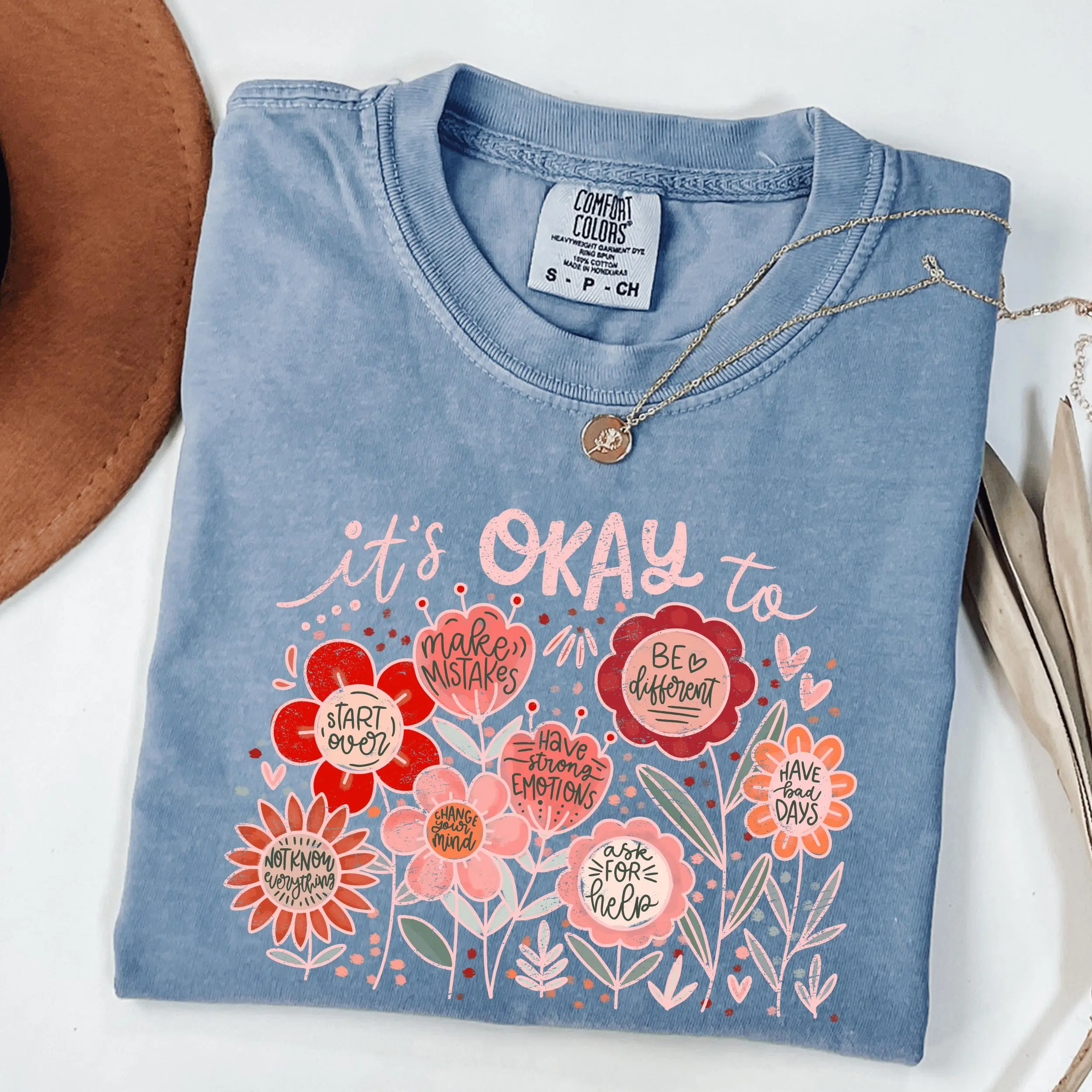 Comfort Colors It’s Okay To Boho Floral Shirt, Motivational Mental Health Tee, Positive Vibes Teacher Shirt, Encouraging Gift T-Shirt